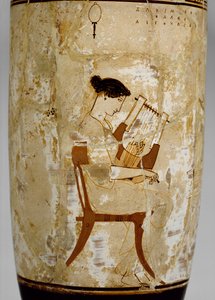 Attic White-Ground Lekythos with Image of Women Musicians by Achilles Painter