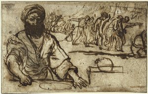 Seated bearded man, with a procession of people and riders in the background by Adam Elsheimer