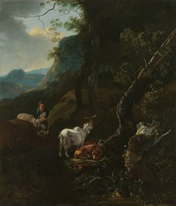 A Shepherdess with Animals in a Mountainous Landscape by Adam Pijnacker