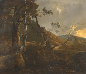 A Wooded Landscape with a Herdsman on a Path and a Lone Goat by Adam Pynacker