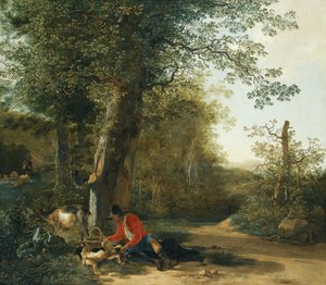 Peasant Playing with His Dog While Resting at the Edge of a Wood by Adam Pynacker