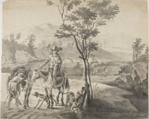 Riders and Dogs in Rocky Landscape