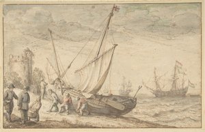 Fisherfolk Hauling their Boat onto the Shore by Adam Willaerts
