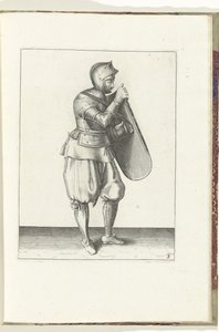 The exercise with the targe and rapier: the soldier holds the targe with the right hand and grabs the strap with the left hand (no. 3), 1618