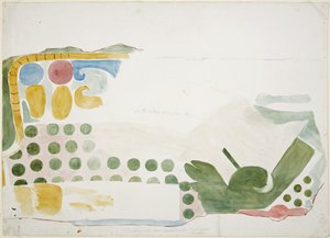 Painting of part of a mural depicting a scene of human sacrifice from above the door of the inner chamber, Upper Temple of the Jaguars, Upper Temple Ball Court, Chichen Itza, Mexico by Adela Breton