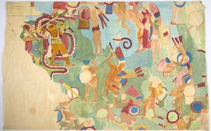 Tracing of a wall painting from the inner chamber, Upper Temple of the Jaguars, south wall, Great Ball Court, Chichen Itza, Mexico by Adela Breton