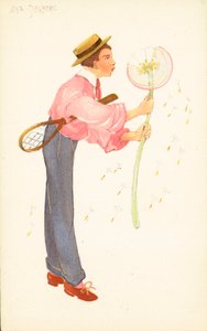 Young Man with Tennis Racket Blowing Large Dandelion by Adelaide Marchi