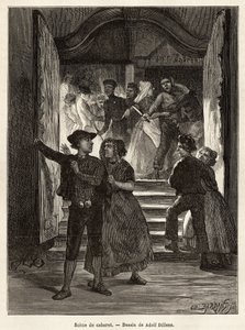 A cabaret scene, a couple leaves the scene, while a man threatens them with a knife, held by two women; while another couple faces them when entering the cabaret, engraving after the drawing by Adolf Dillens, illustrating a journey to Zelande (Neerlande)