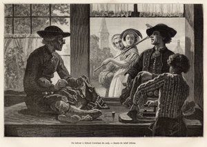 A tailor and his apprentice, working on the edge of the window to enjoy the light and the spectacle of the passers-by of the street, in Rilland (South Beveland), engraving after the drawing by Adolf Dillens, illustrating a journey to Zelande (Neerlande)