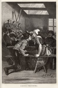 On fair days, the peasants offer to drink sweet liqueurs to young girls, the same glass serves everyone, and passes from mouth to mouth, often filled, and allows the young pretendant to make his court, at the rhythm of the orchestra and dances (engraving)