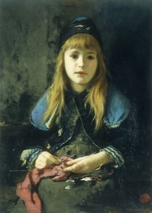A Young Girl Knitting by Adolf Echtler