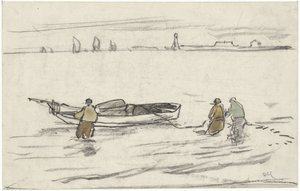 Three Men Standing in Water Pulling a Sailboat to Shore by Adolf le Comte