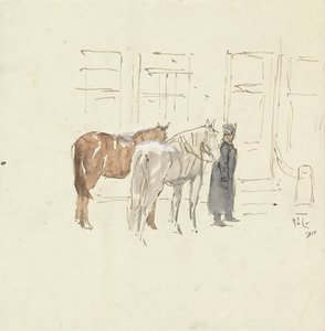 Man with Two Horses in Front of a Building by Adolf le Comte