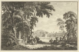 Arcadian River Landscape with Figures Worshipping a Statue (Italian and German Landscapes) by Adolf van der Laan