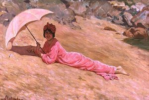 Girl Lying on the Beach with a Pink Parasol