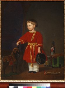 Portrait of a boy in a red dress with military toys by Adolf Jebens by Adolph Gebens