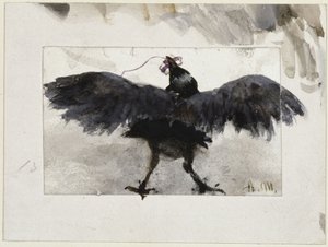 Fluttering Raven with Package in Beak by Adolph Menzel
