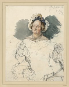 Countess Alvensleben, born von der Osten-Sacken. Below two busts. Study for the painting "Coronation of Wilhelm I in Königsberg" by Adolph Menzel