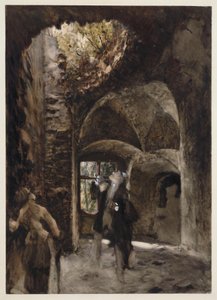 In the Ruins, a Gentleman and a Lady Stand on a Landing and Look Up at a Large Hole in the Vault by Adolph Menzel