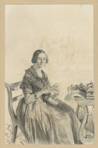 Pauline Martini, née Dambke, Sitting at the Table, Facing the Viewer by Adolph Menzel