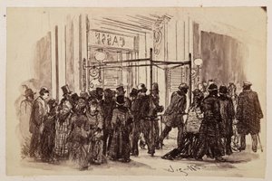 Theater Box Office, Buyers Push from Right to the Illuminated Box Office and Move to the Left, to Heinrich von Kleist "The Broken Jug" by Adolph Menzel