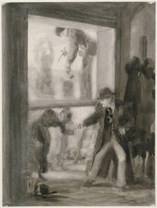 Transparent Painting in the Academy, a Gentleman in a Felt Hat Offering a Hand to a Bent Female Figure by Adolph Menzel