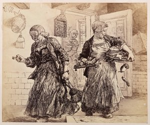 Two Maids Laughing with Serving Trays, Bowls, etc. Forward. The Village Judge, Handling a Stack of Files in the Back Room, Scolds Them, to Heinrich von Kleist "The Broken Jug" by Adolph Menzel