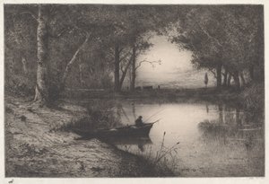 A Fisherman in a Wooded Pond at Evening