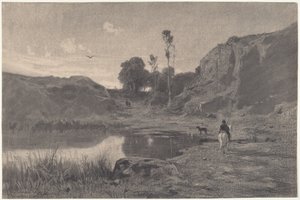 A Rider by a Mountain Pond at Sunset