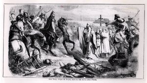 St. Loup defending the city of Troyes against Attila the Hun on his Horse, illustration from a history of France, 2nd half 19th century by Adolphe Francois Pannemaker