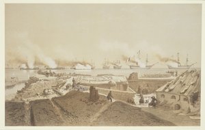 Bombardment of Kil-Bouroun at the mouth of the River Dnieper by the French fleet, from Nos Souvenirs de Kil-Bouroun pendant LHiver passe dans Le Liman du Dnieper, 1855-56, engraved by Eugene Ciceri by Adolphe Jean Baptiste Bayot and Antoine Leon Morel Fatio