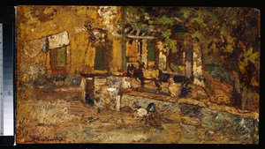 Farmyard with a Donkey and Cockerels by Adolphe Joseph Thomas Monticelli