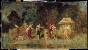 Young Women Reunited in a Park by Adolphe Joseph Thomas Monticelli