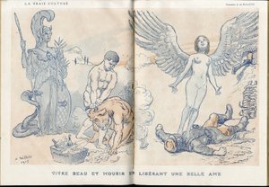 Illustration of Adolphe dit Willette (1857-1926) in Fantasio, 01/05/15 - Living beautiful and dying by releasing a beautiful soul - War of 14-18, Dead corpses, Barbary/Kultur, Jam of Skull - Soldiers