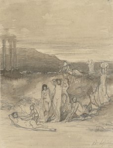 Classical Landscape with Reclining, Standing, and Sitting Nude Figures and a Temple Ruin by Adolphe René Lefèvre