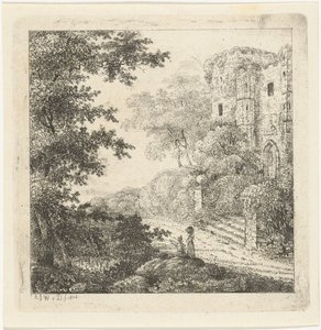 Landscape with figures by castle ruins
