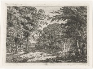 Landscape with Chapel Among Trees and Reading Monk by Adriaan Jacob Willem van Dielen