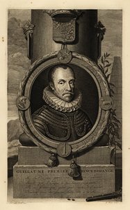 William I, Prince of Orange, William the Silent or William the Taciturn. In suit of armour with lace ruff, coat of arms above, flintlock pistol and lead shot below by Adriaan van der (after) Werff