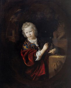 Portrait of a Young Boy Holding a Parakeet beside a Statue of Hercules