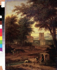 Italian landscape with pilgrims. Painting by Adriaen Frans Boudewijns. Pushkin Museum, Moscow