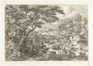 Landscape with hunters on their way home, a castle in the distance by Adriaen Frans Boudewyns