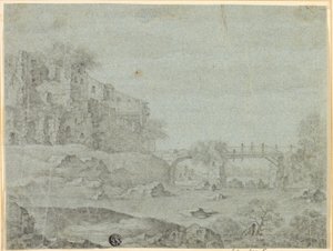 Ruins Overlooking River with Bridge by Adriaen Pietersz. van de Venne