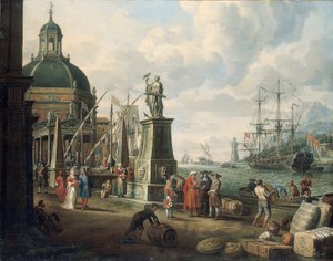 A Capriccio of a Mediterranean Harbour with Merchants, an Elegant Couple on the Quayside, Before a Statue of Hope and a Baroque Church, a Lighthouse, a Dutch Man-o-war, and Other Shipping Beyond
