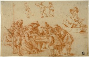 Sketches of Peasants Playing Dice and Skating; Sketch of Boy on Sled by Adriaen van Ostade