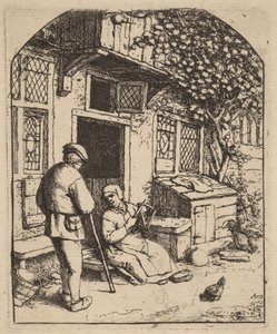 Two Peasants Outside a House, the Woman Winding Wool by Adriaen van Ostade