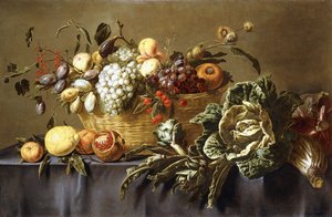 A Basket of Fruit on a Draped Table