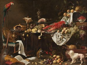 Banquet Still Life with a Parrot, Dog and Monkey