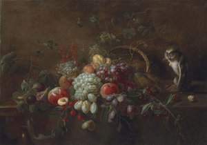 Grapes, Apples, Plums, Figs and Other Fruit on a Partly Draped Wooden Table, a Monkey Eating Walnuts by an Upturned Woven Basket by Adriaen van Utrecht