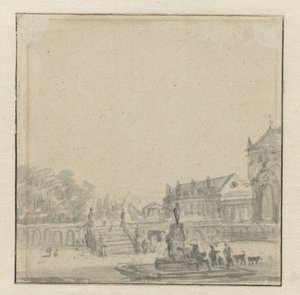 Courtyard of a Palace with a Fountain by Adriaen van de Velde (possibly)