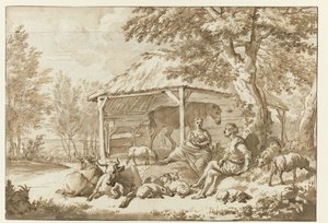 A Shepherd Couple with Cattle Near a Shed